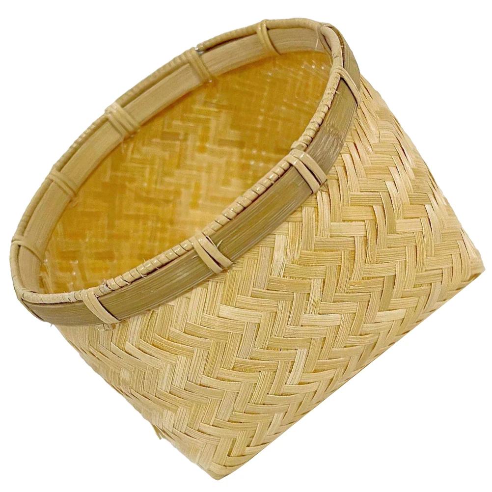 

Bamboo Woven Basket Handcrafted Round Mouth Square Bottom Home Storage Fruit Snack Basket Woven Organizer for Tea Items