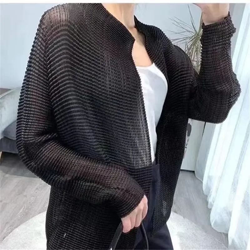 Cárdigan plisado de manga larga para mujer, camisa fina, Tops cortos, chaqueta Vintage de moda coreana, ropa de protección solar, 2023