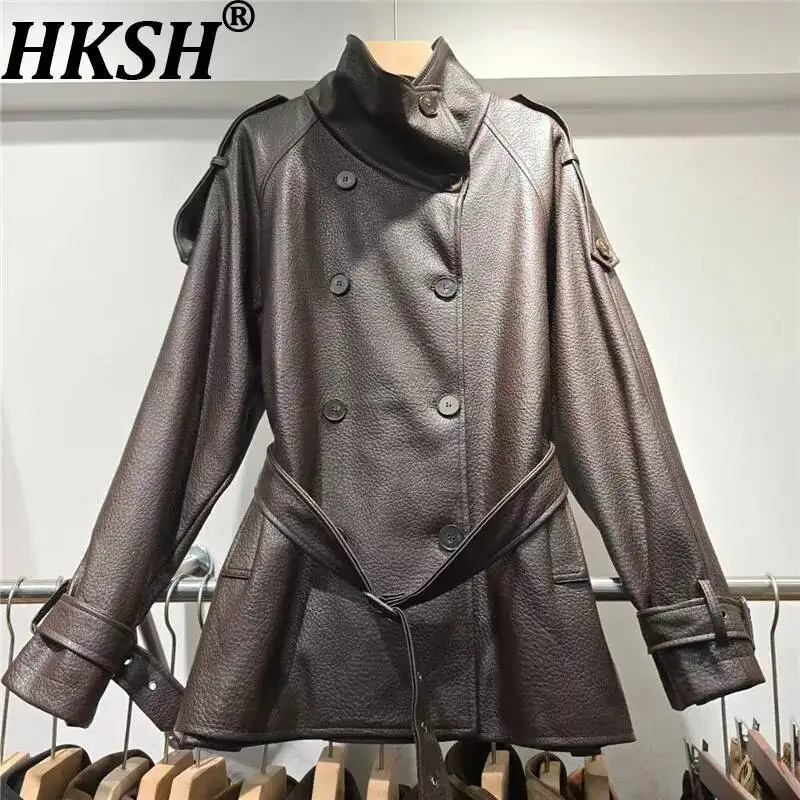 HKSH Women PU Leather Jacket Korean Style Dark Trendy Double Breasted Patchwork Design Versatile Sashes Solid Color Coat HK26336