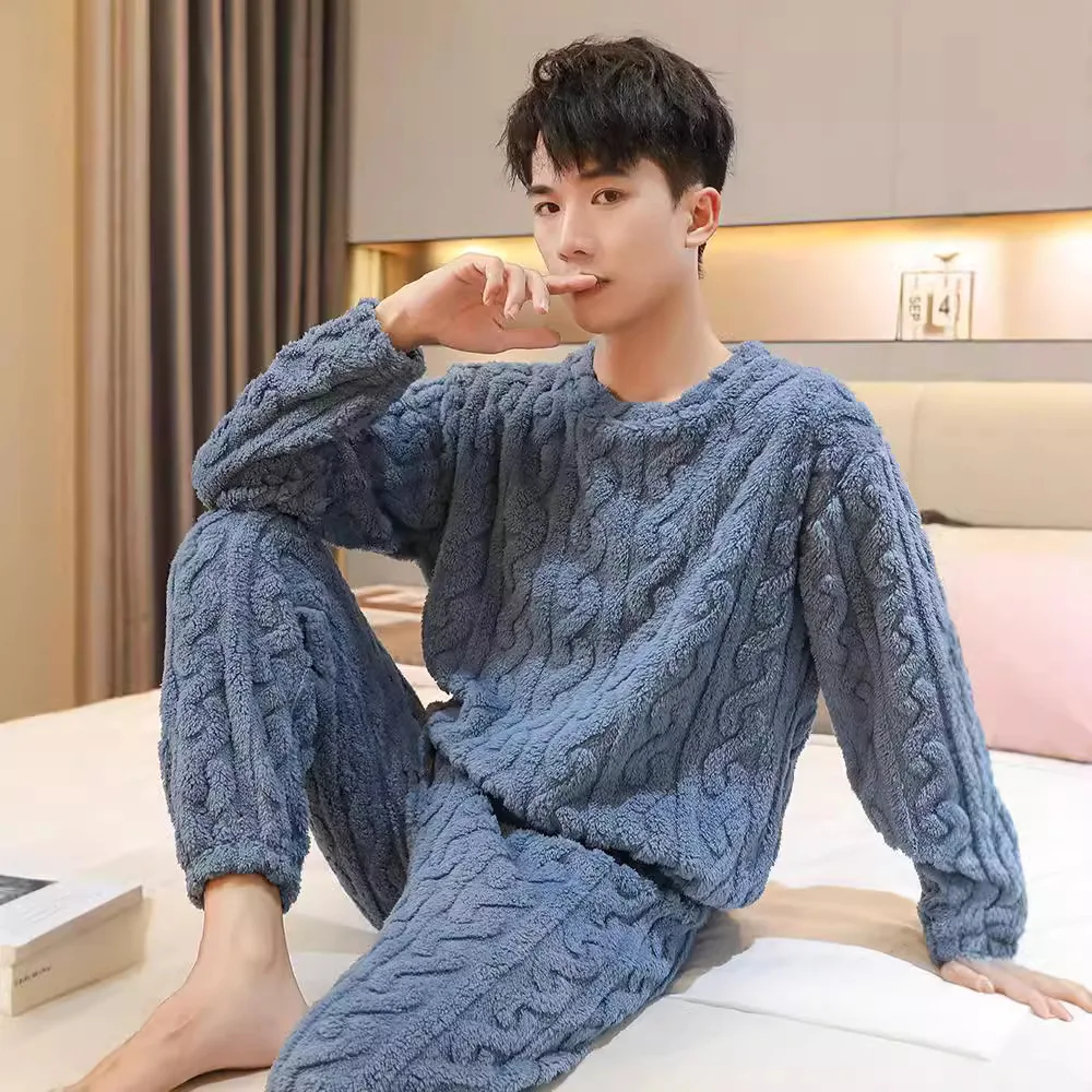 

Coral Fleece Pajamas Men's Fall and Winter Thickened Padded Homewear Suit Warm Ladies Teen Facecloth Pajamas Homewear Suit