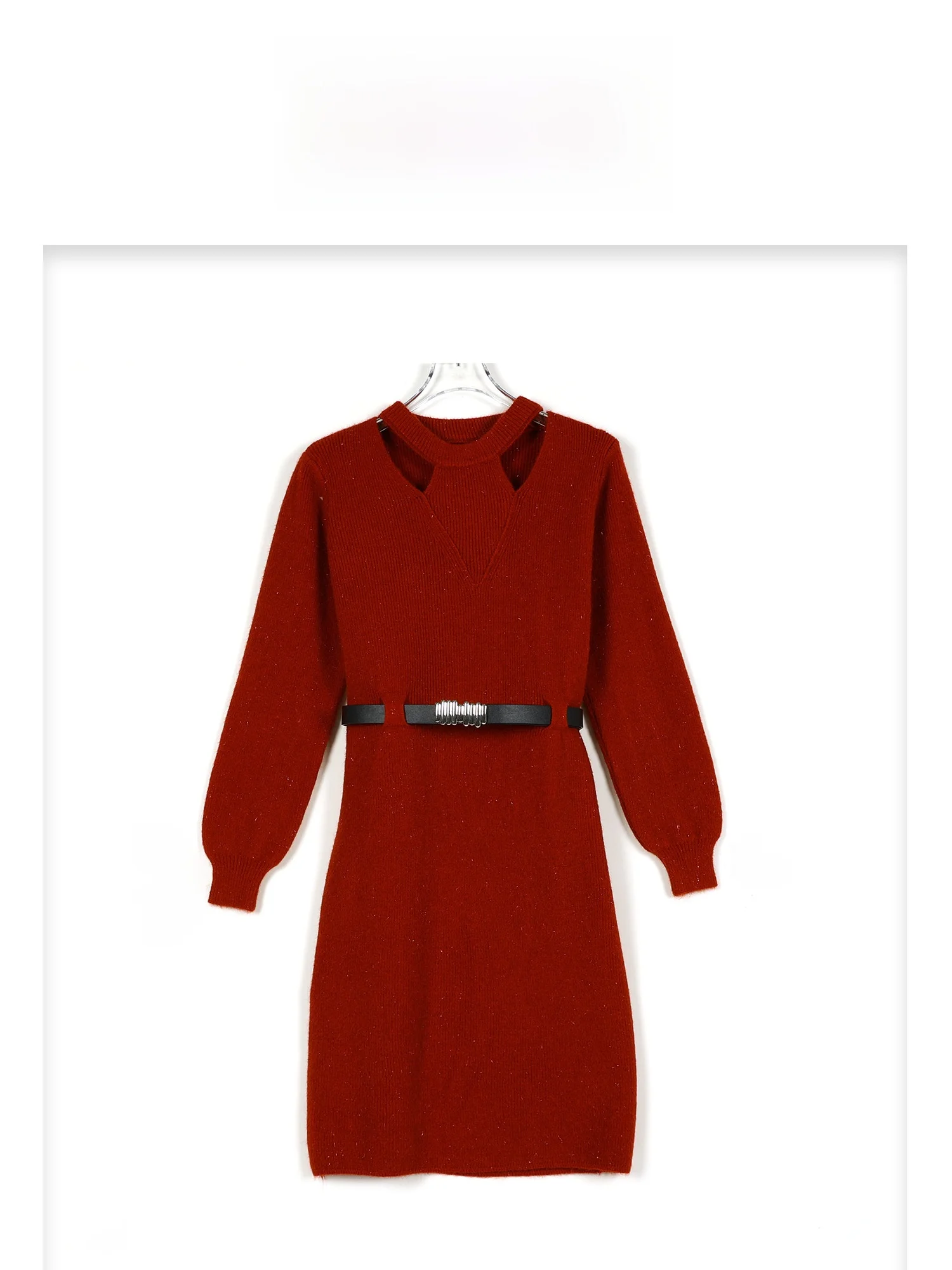 

Warm Knitted Belted oulder Bared Faionable Dr for Women Casual Sle Stand Fit Long Sve round Neline Autumn Wi...