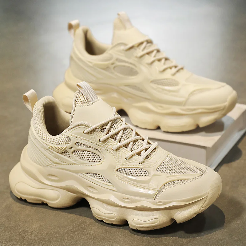 

Мужская повседневная спортивная обувь на толстой подошве, однотонные лоскутные сетчатые кроссовки на шнуровке, износостойкие и нескользящие весенние кроссовки
