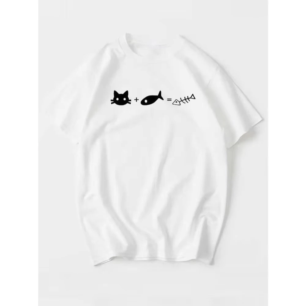 2026 New Funny Cat Fish Equation T-Shirt Humorous Formula Graphic Tee Cute Animal Print Summer Short Sle