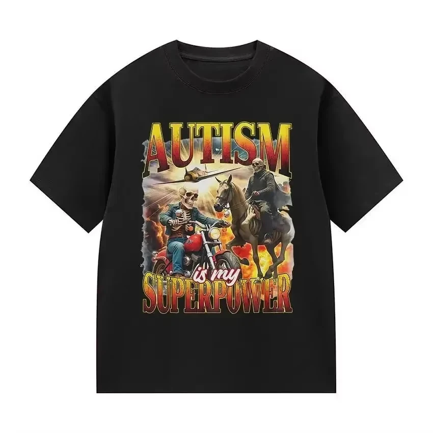 Autism Is My Superpower Gothic Pattern T-Shirt Fun Casual Cute Bicycle Short-Sleeve T-Shirt Summer Round Neck T-Shirt