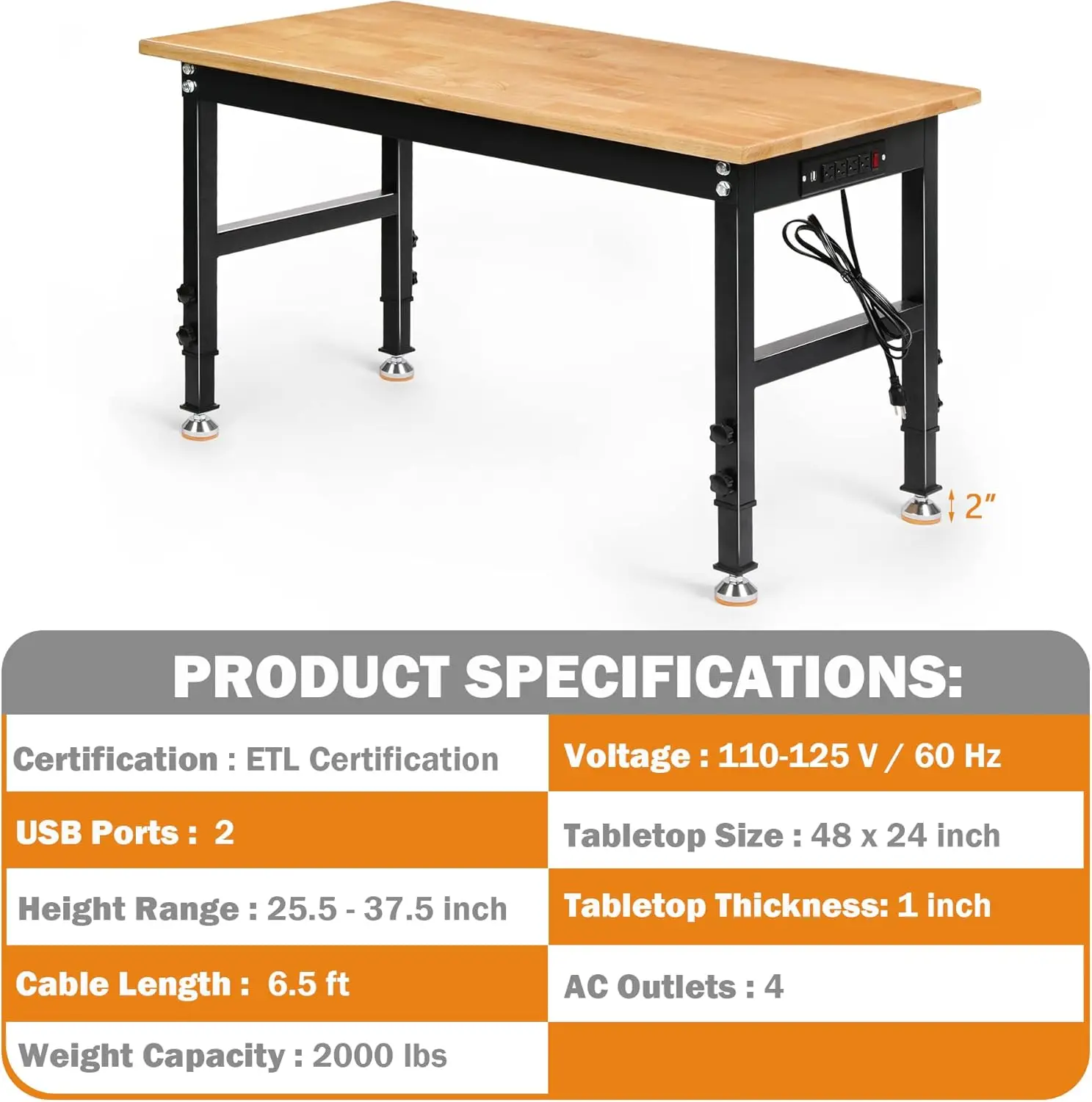 Heavy Duty Workstation com altura ajustável, Borracha Madeira Top, Tomadas, 2000 LBS Capacidade de Carga Madeira, 48"