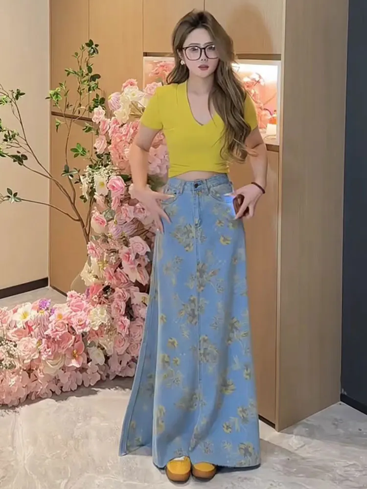 

Women Denim Skirt Y2k Emo 2000s Clothes Long Skirt Harajuku Korean 90s Fashion Vintage Gradient A-line Jean Skirt Grunge Clothes