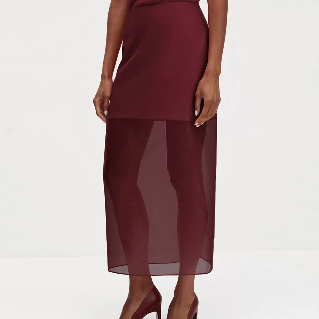 Dwukomorowa spódnica Faionable, wysoki stan, rozcięcie, prześwitująca, elegancka, do pracy, długa spódnica, kolor inny, materiał inny.