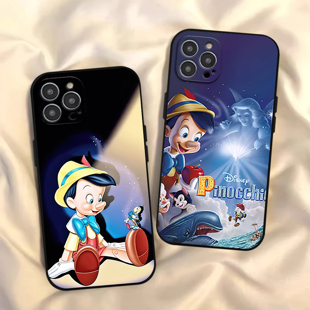 MINISO Cartoon P-Pinocchio Phone Case for iPhone 12 11 13 14 15 16 Max Pro Plus Black Soft Silicone Cover