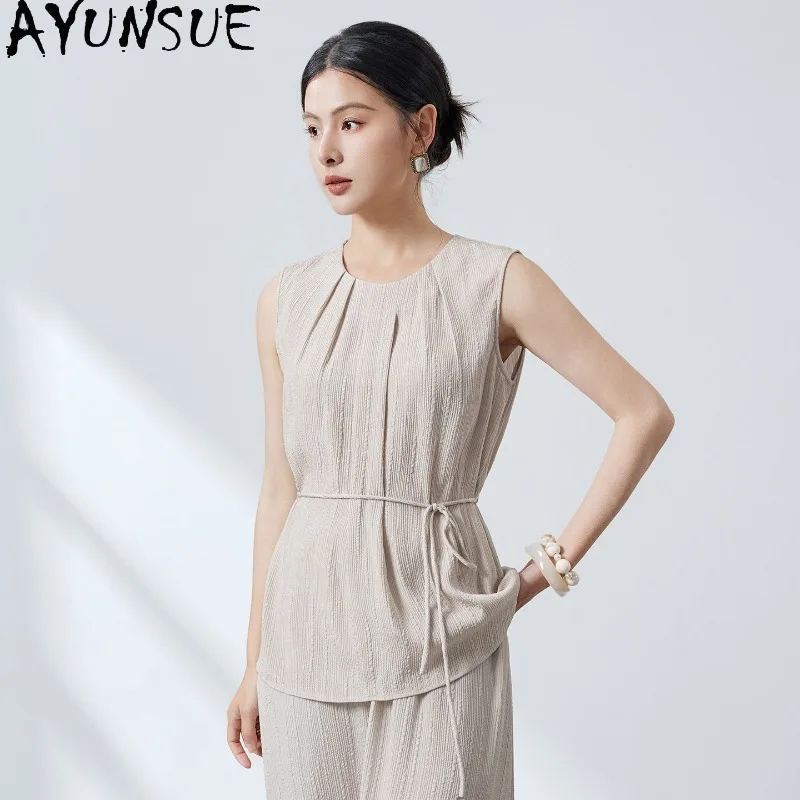AYUNSUE 91.1% Silk Women's Tanks O-neck Sleeveless Tank Tops for Woman Versatile Commuting Summer Top Woman Clothes Ropa Mujer