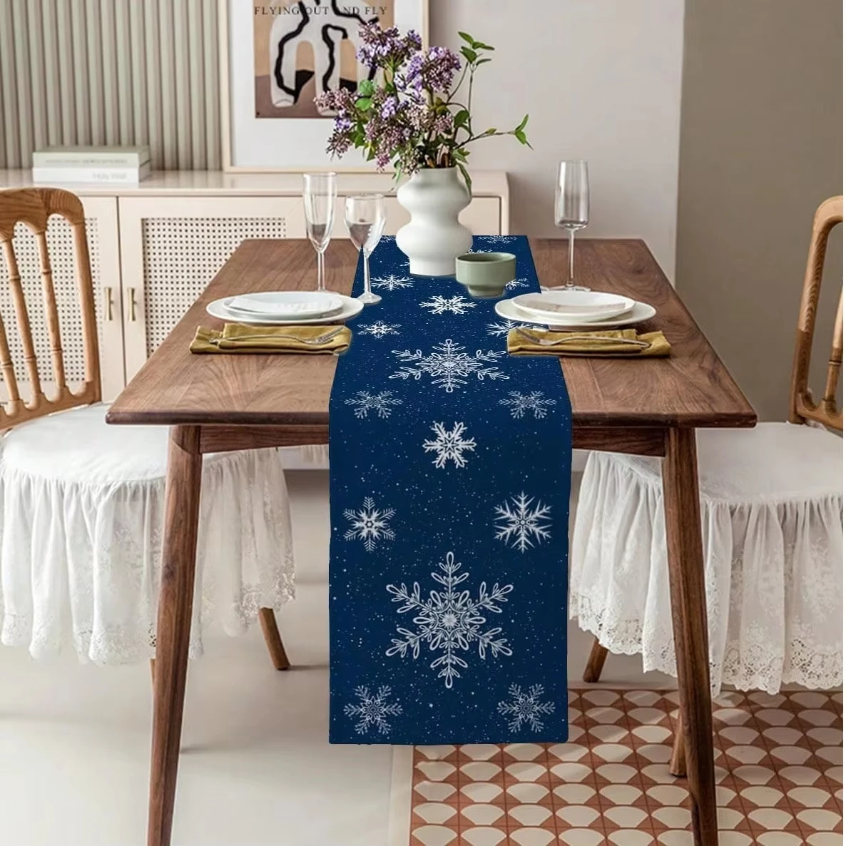 Table Runner Navy Blue Snowflake - Flat Print with Snowflake, Christmas Tree & Holly Patterns, Linen Texture, Cozy for Dining