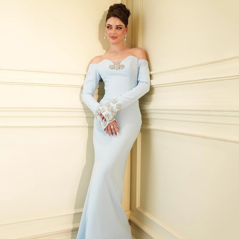 

Вечернее платье из джерси с вырезом лодочкой по индивидуальному заказу, вечернее платье с длинными рукавами и кристаллами, вечернее платье со шлейфом, платье русалки длиной до пола, платье для выпускного вечера