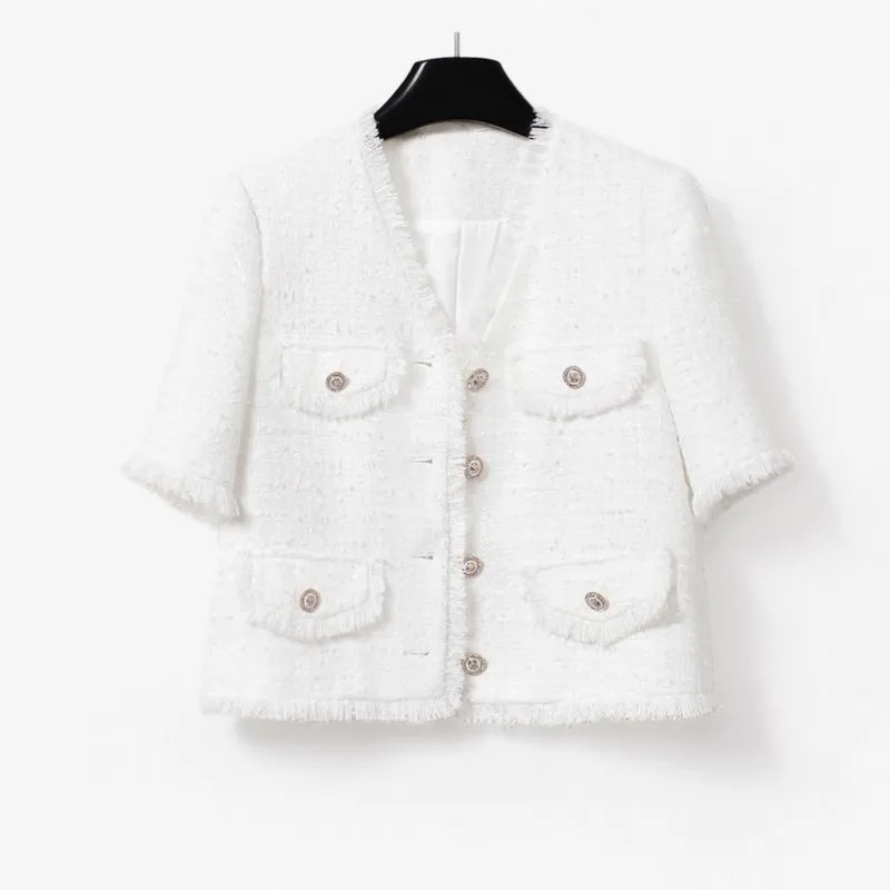 

White tweed jacket fragrance Short sleeved spring /autumn women's jacket short top, new One piece classic jacket