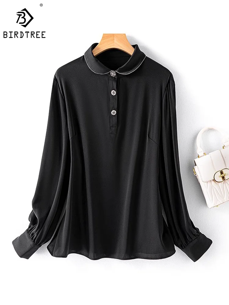 Birdtree 93%Real Silk Elegant Casual Satin Shirts Lapel All-match Long Sleeve Solid Office Lady Blouses Autumn New Tops T30661QM