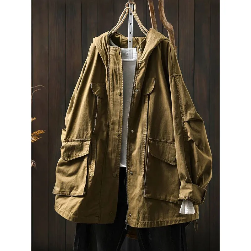 المرأة عادية معطف واقٍ من المطر جديد وصول 2025 الخريف خمر نمط بلون جيوب كبيرة فضفاضة الإناث القطن أساسيات السترات M1896 #1