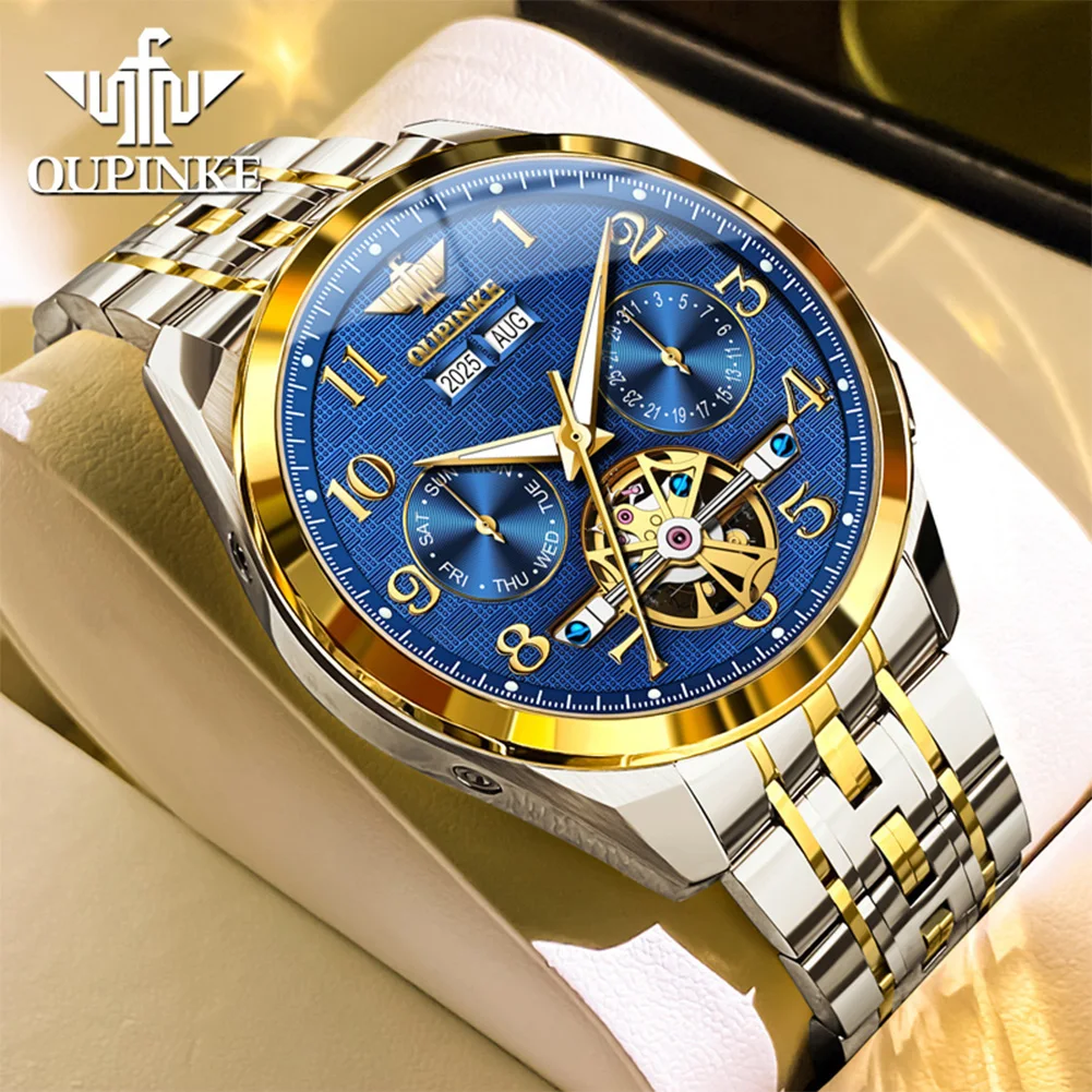 

OUPINKE Men's Watches Luxury Fashion Tungsten Steel Strap Original Automatic Mechanical Watch for Man Calendar Flywheel Movement