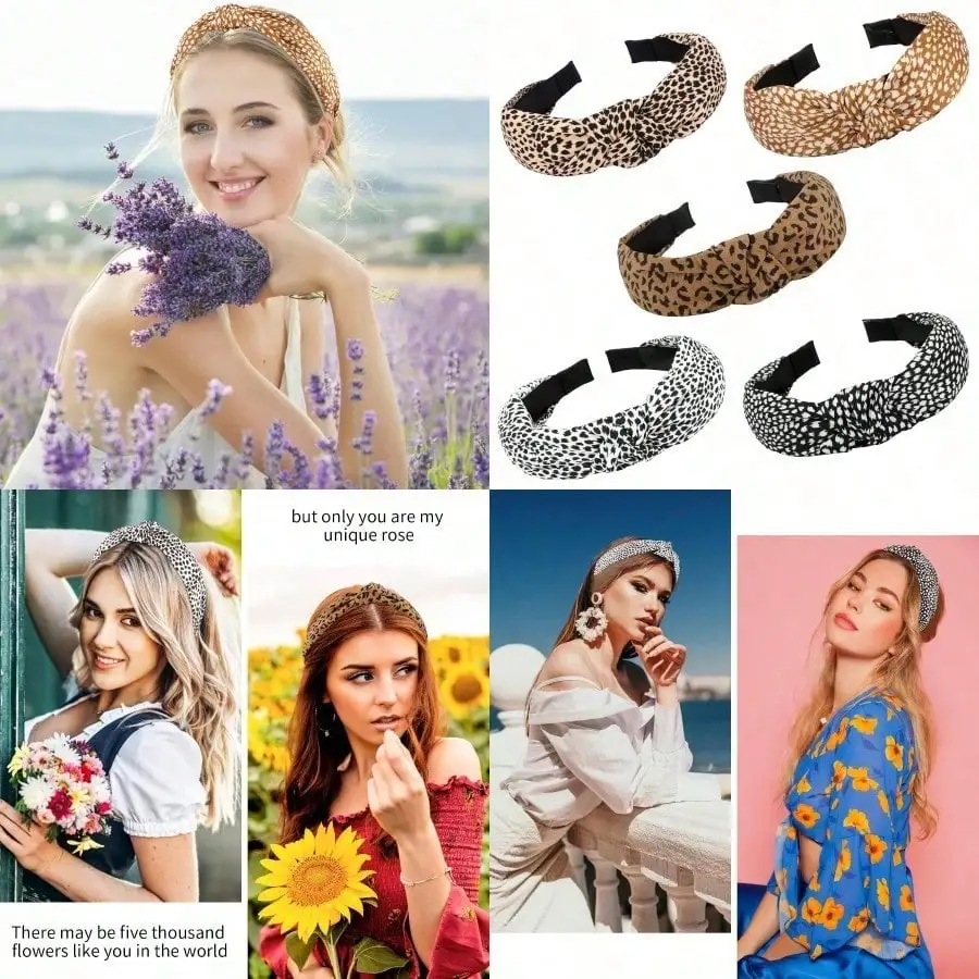 

5PCS Stylish Top Knotted Headbands - Brown/Black/White/Leopard Print Women Girls Hair Accessories
