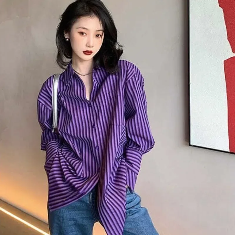Camisas a rayas moradas para mujer, ropa informal Hipster de manga larga holgada Harajuku que combina con todo, Tops estilo gótico Vintage