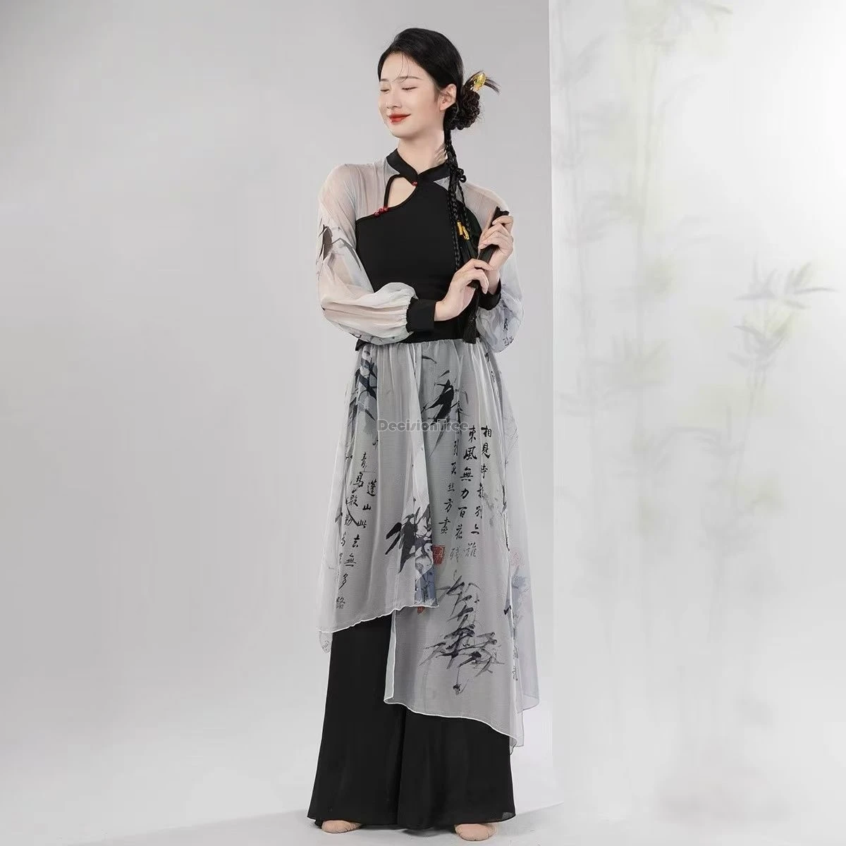 

2025 new classical dance costume cheongsam collar slim fit elegant long sleeved gauze dressnew chinese style jazz dance costume