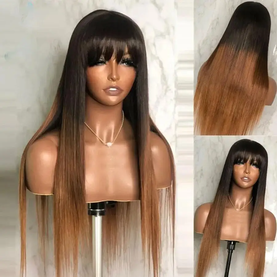 Natural Hairline Ombre Brown Blonde Straight 180Density 26“Long Soft Lace Front Wig For Black Women With Baby Hair Preplucked