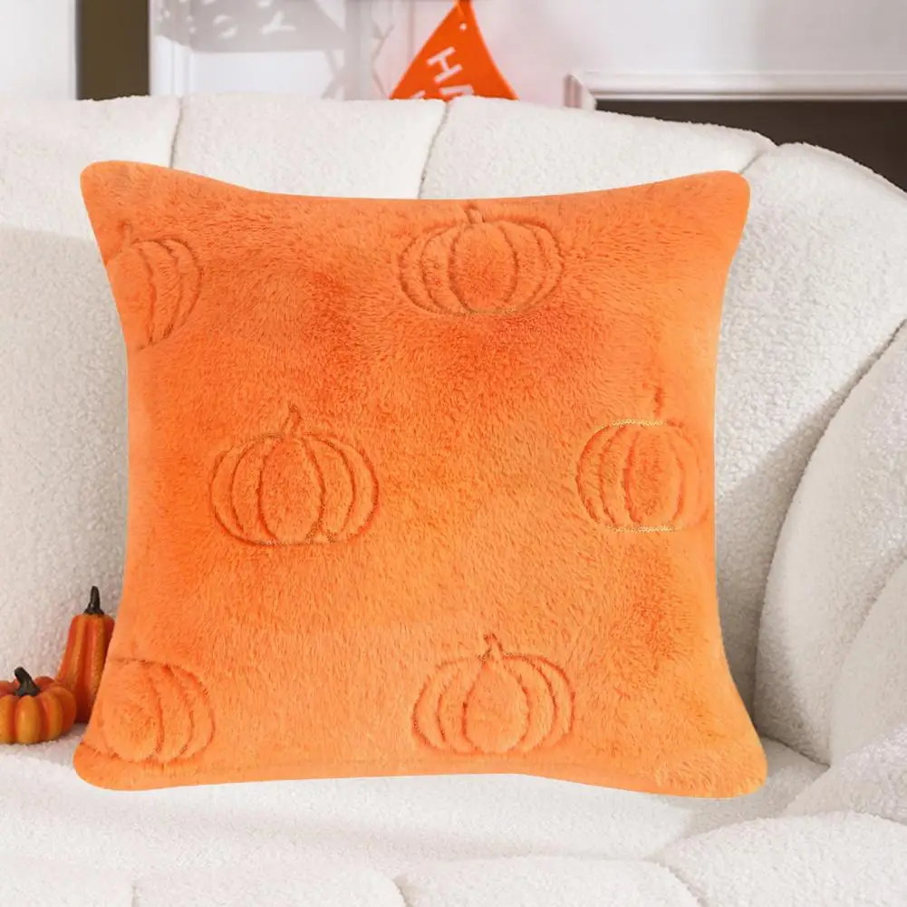 

Seasonal Home Accent Pillowcase Halloween Pumpkin Pattern Faux Rabbit Fur Throw Pillowcase for Bedroom Room Sofa Decoration Soft