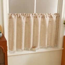 1pc Japanese Boho Style Short Curtain,Rod Pocket ,Polyester Fabric Window Semi Curtain with Tassel,for Window, Door, Cabinet