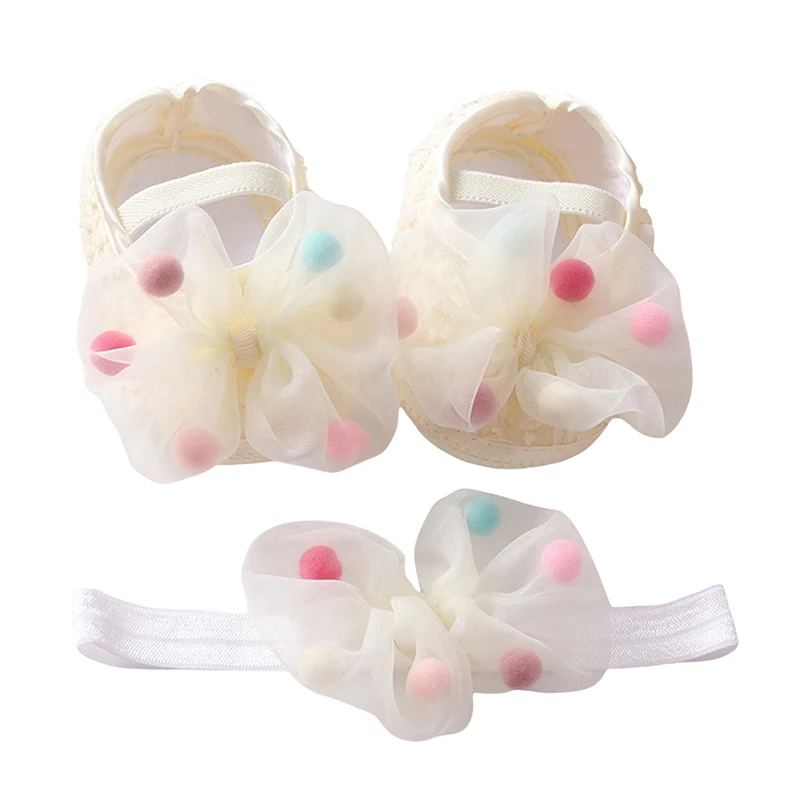 Baby Girls Mary Jane Flats with Bowknot Headband Infant Floral Bow First Walker Crib Shoes Princess Wedding Dress Shoes