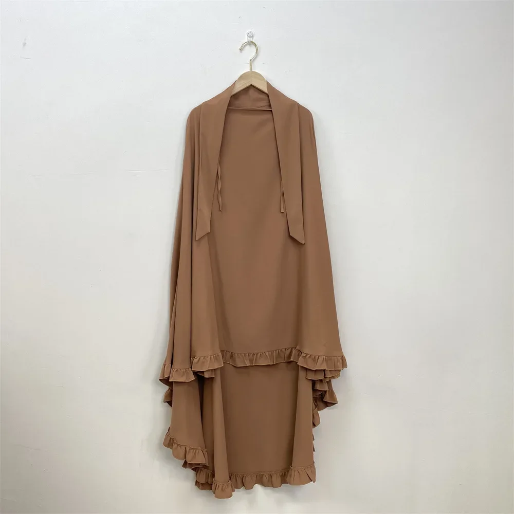 2025 Eid Ruffle Women Abaya Kimono Traditional Muslim Clothing Prayer Scarf Burqa Khimar One Layer Nida Crepe Niqab Hijab Nikab