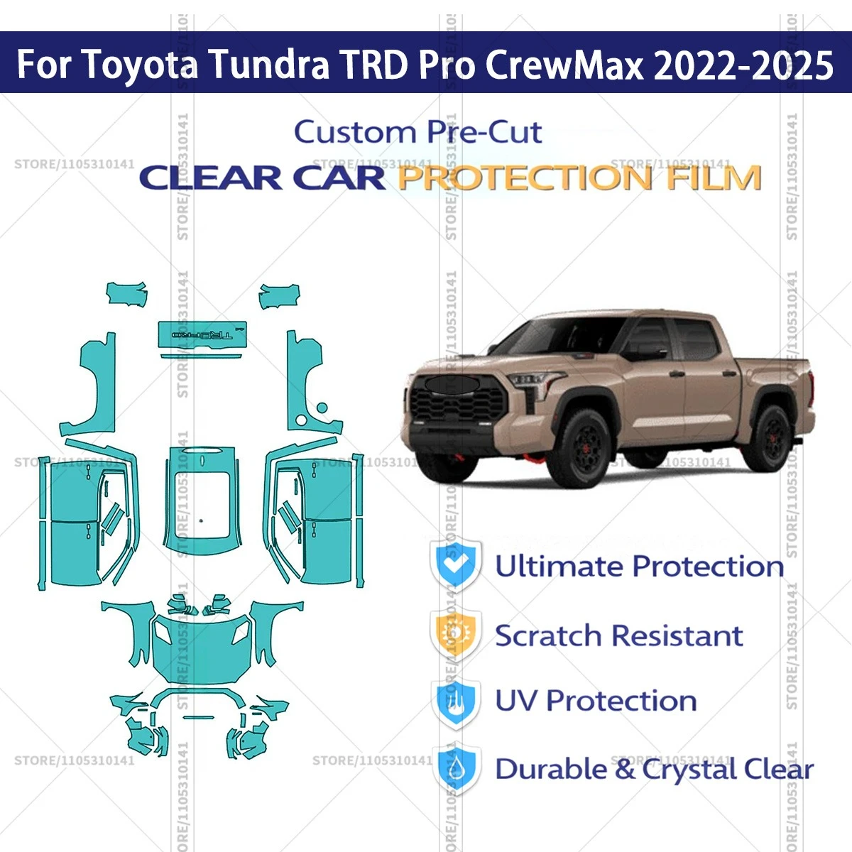 

Для Toyota Tundra TRD Pro CrewMax 2022-2025: Предварительно вырезанная прозрачная защитная пленка (PPF) для автомобиля, полный комплект для кузова