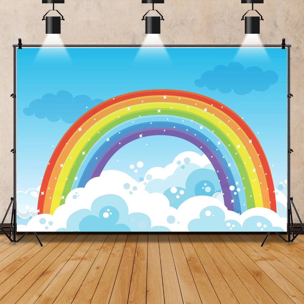 Laeacco Rainbow Backdrops Photography Baby Shower Boy Girl 1st Birthday Party Cloud Shiny Star Photo Background For Photo Studio