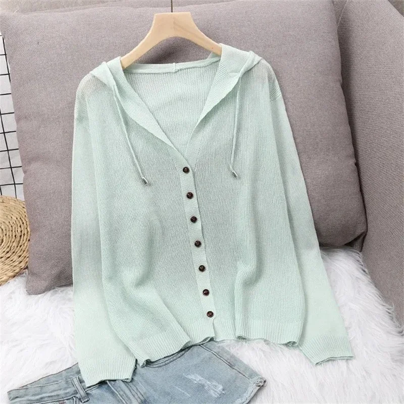 

2025 Summer Hooded Hollow-out Lady Knitting Cardigan Outerwear Long Sleeve Ladies Sun Protection Coat New Women's Short Jacket