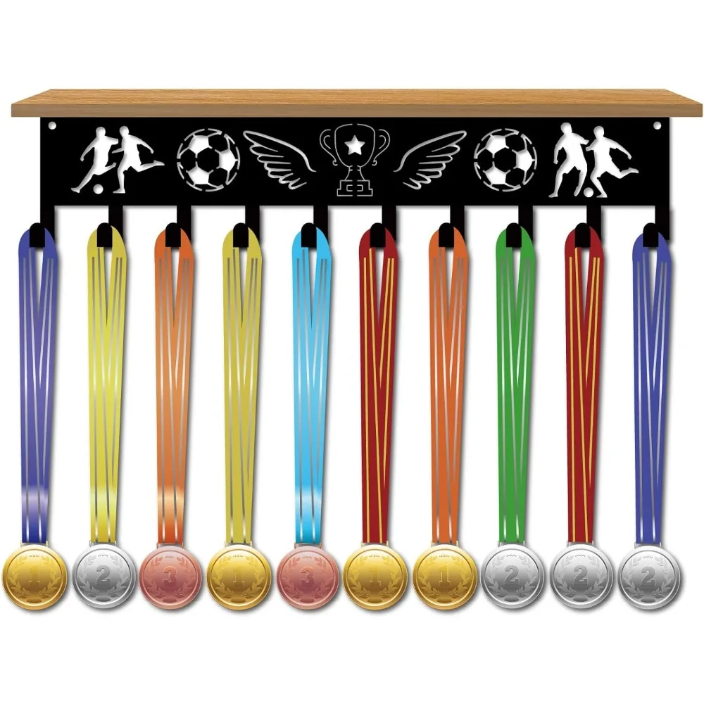 

Football Medal Hanger Display with Trophy Shelf Soccer Medal Holder Hook Black Metal Awards Ribbon Organizer Rack with Density