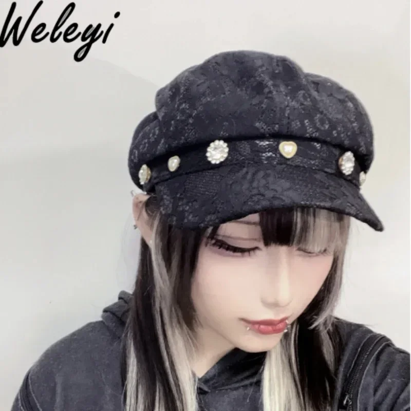 Japanese Style Sweet Rhinestone Heart Beret 2024 Spring and Summer New Subculture Mine Series Mass-produced Lace Hats for Women