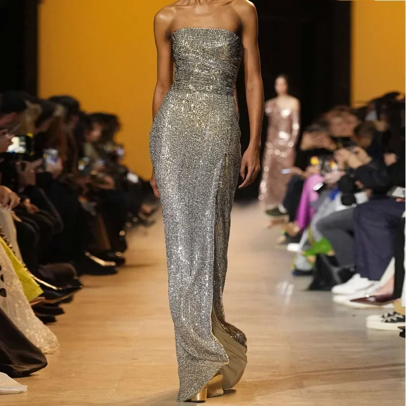 

Sexy Gradient Sequin Long Sleeveless Womens Dress New High-End Slim Fit Split Ankle-Length Gown Polyester Fiber One Shoulder