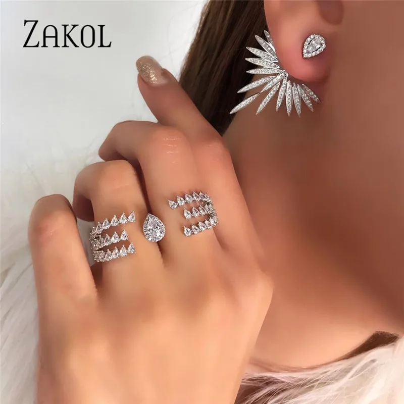 ZAKOL Elegant Feather Shape Gold Color High Quality Cubic Zirconia Jewelry Party Stud Earrings for Women