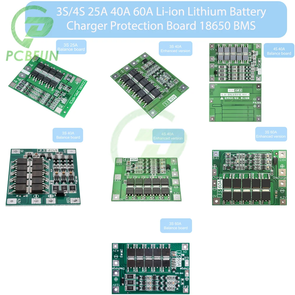 3-4S 25A 40A 60A Li-ion Lithium Battery Charger Protection Board 18650 BMS For Drill Motor 12.6/13/14/16.8/18.1V Enhance/Balance