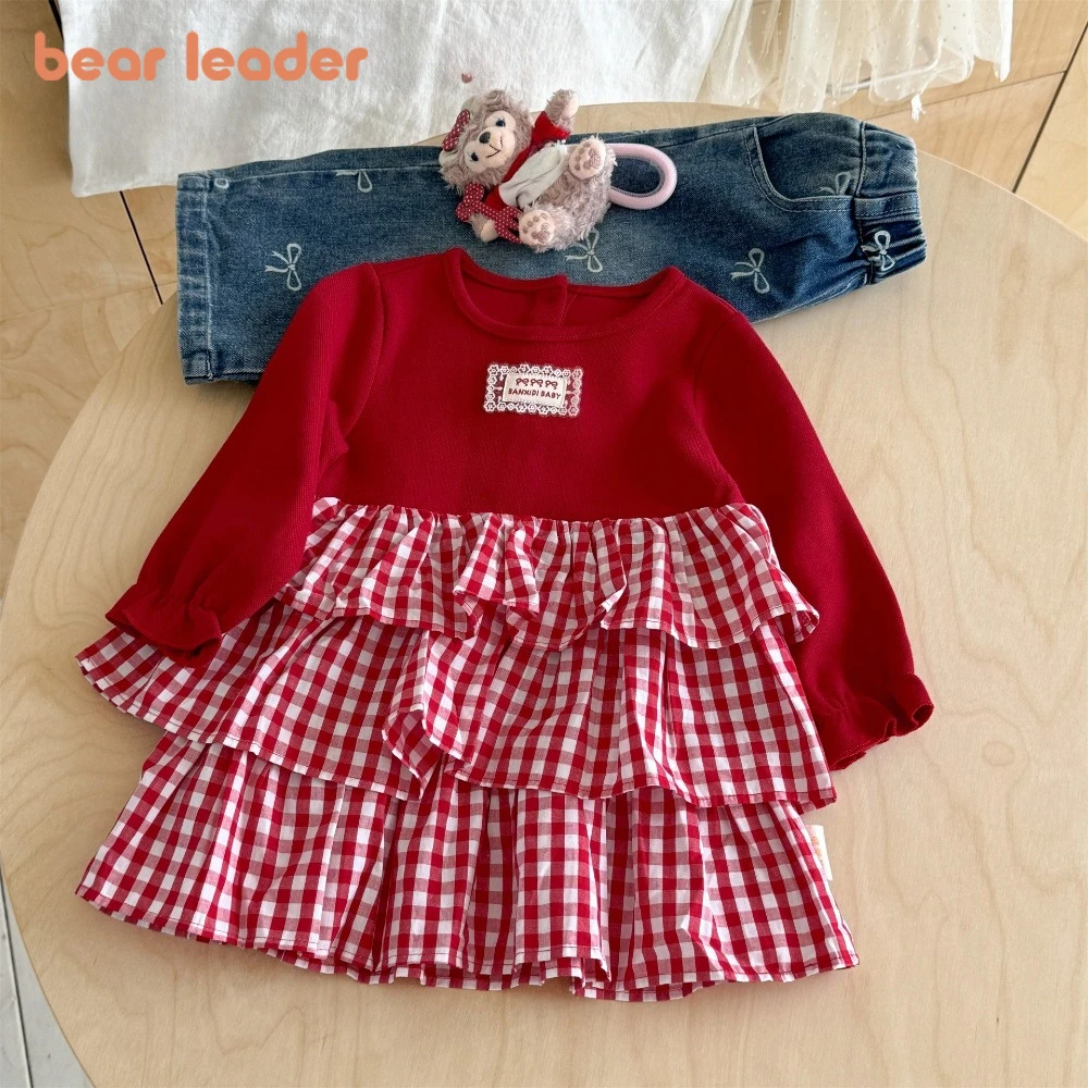 

Красные новогодние платья для девочек Bear Leader, осеннее лоскутное клетчатое платье принцессы с длинными рукавами, корейская версия, милая детская одежда