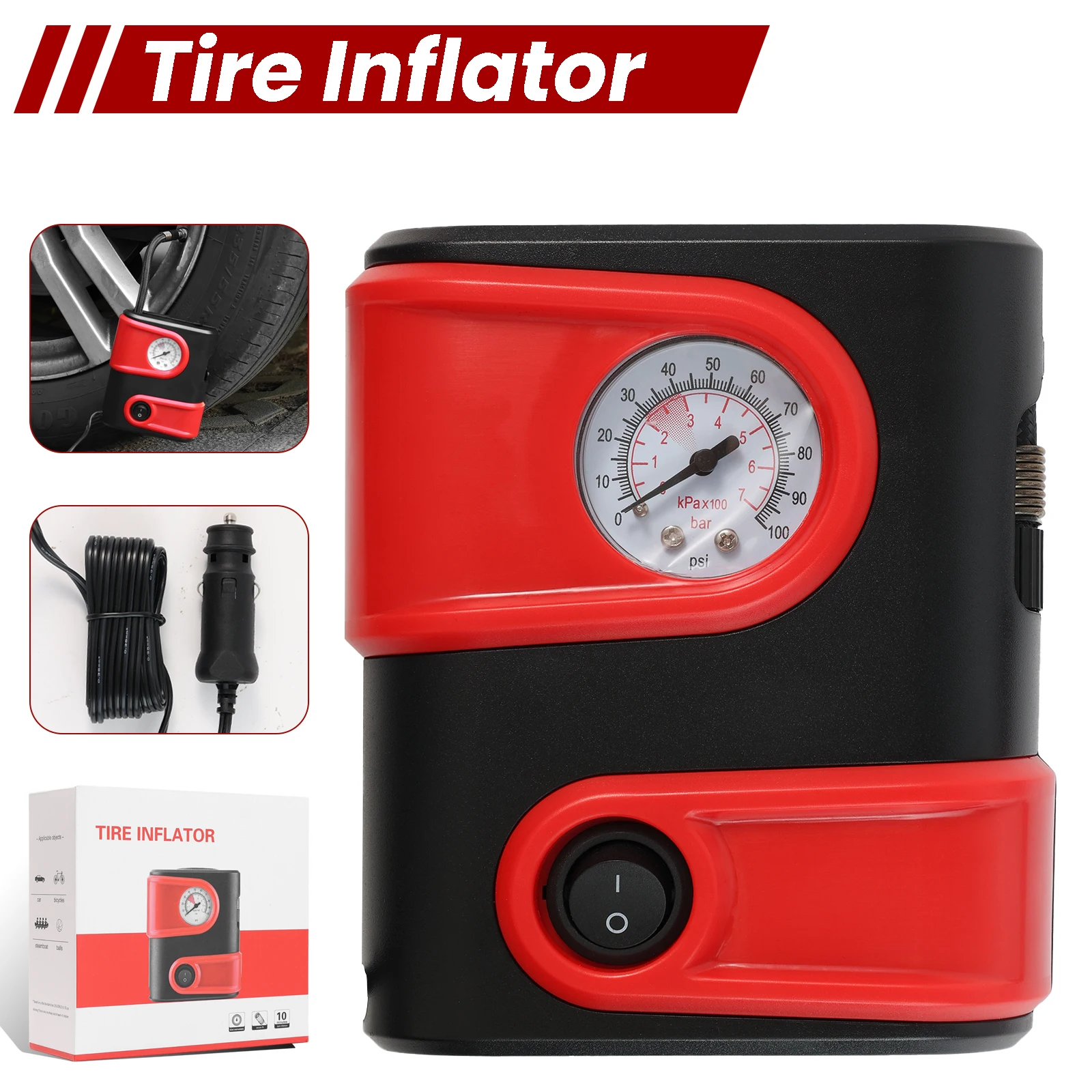 12V Portable Tire Inflator Air Pump Compressor Electric 100PSI Heavy Duty Car Auto Guage Car Motorcycle Bike Emergency Light