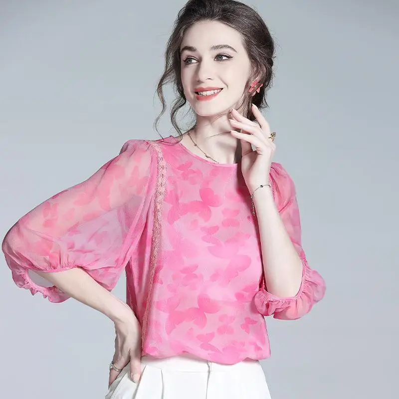 Blusa solta de chiffon feminina, cor rosa, camisa casual, elegante top de escritório, moda luxuosa, verão