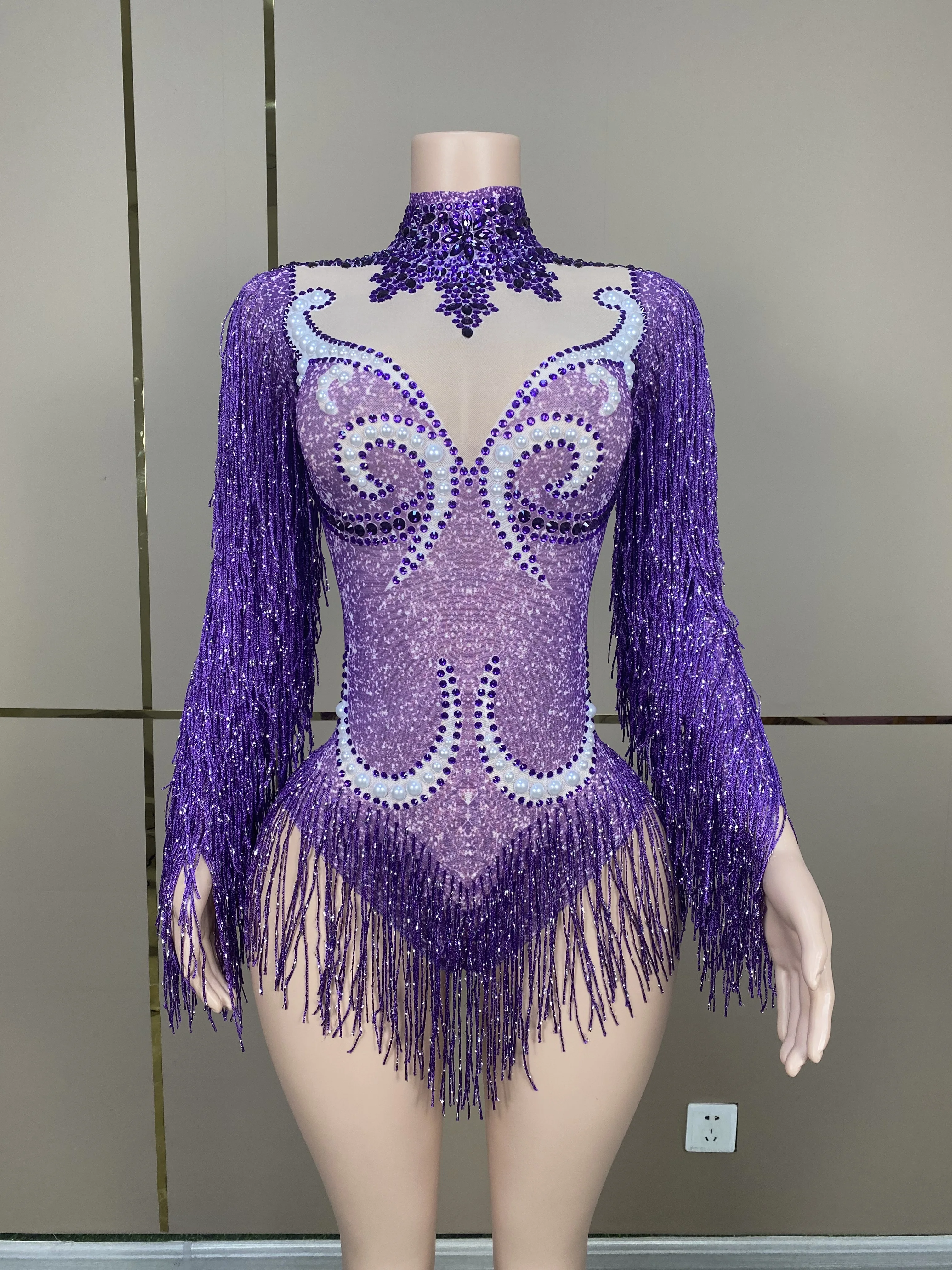 

Purple Rhinestone Pearls Tassels Transparent Bodysuit Evening Dancer DS Performance Costume Birthday Celebrate Outfit