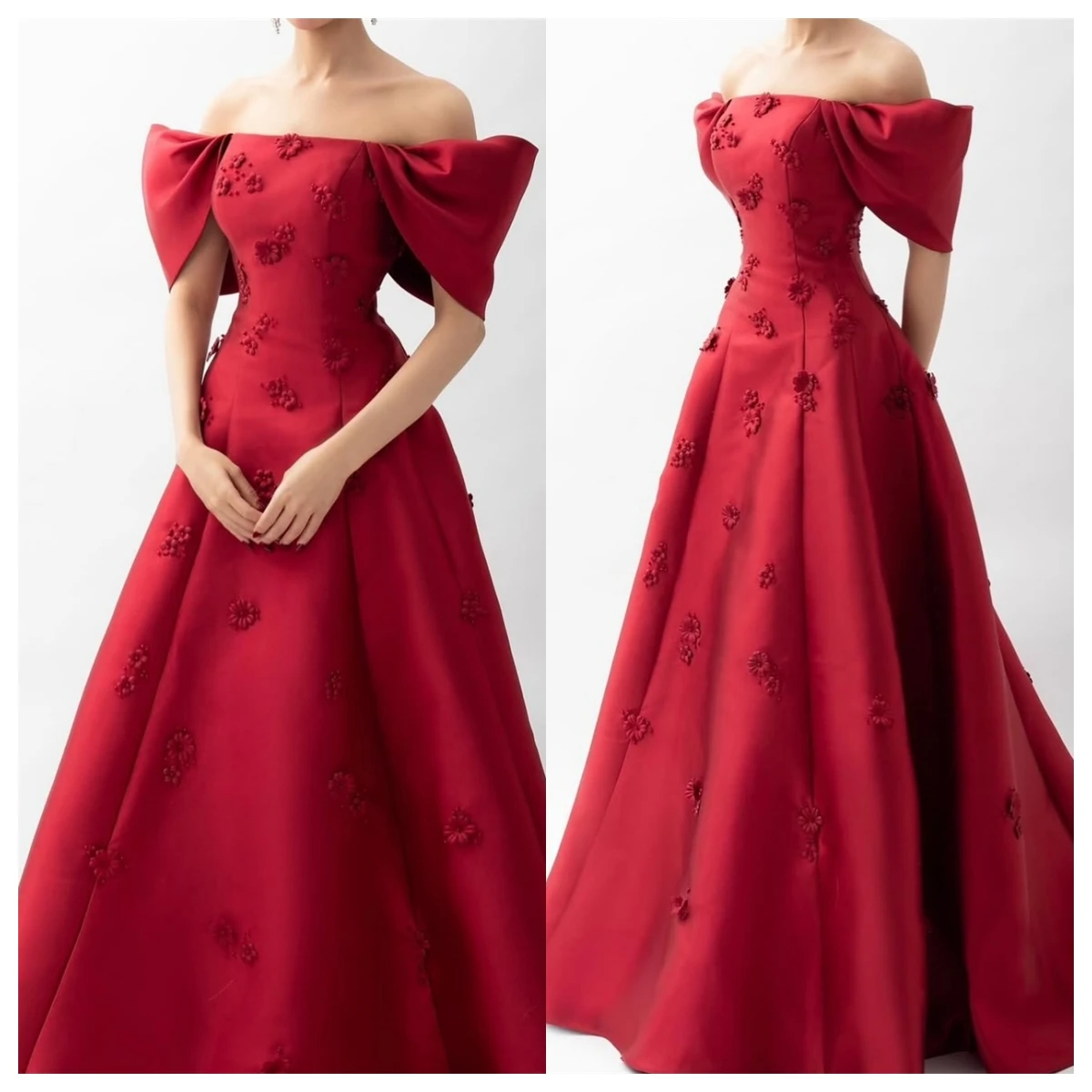 فستان سهرة من الساتان الأحمر عالي الجودة مخصص برقبة قارب قبالة الكتف وأكمام قصيرة فستان العودة للوطن فساتين المشاهير زهرة