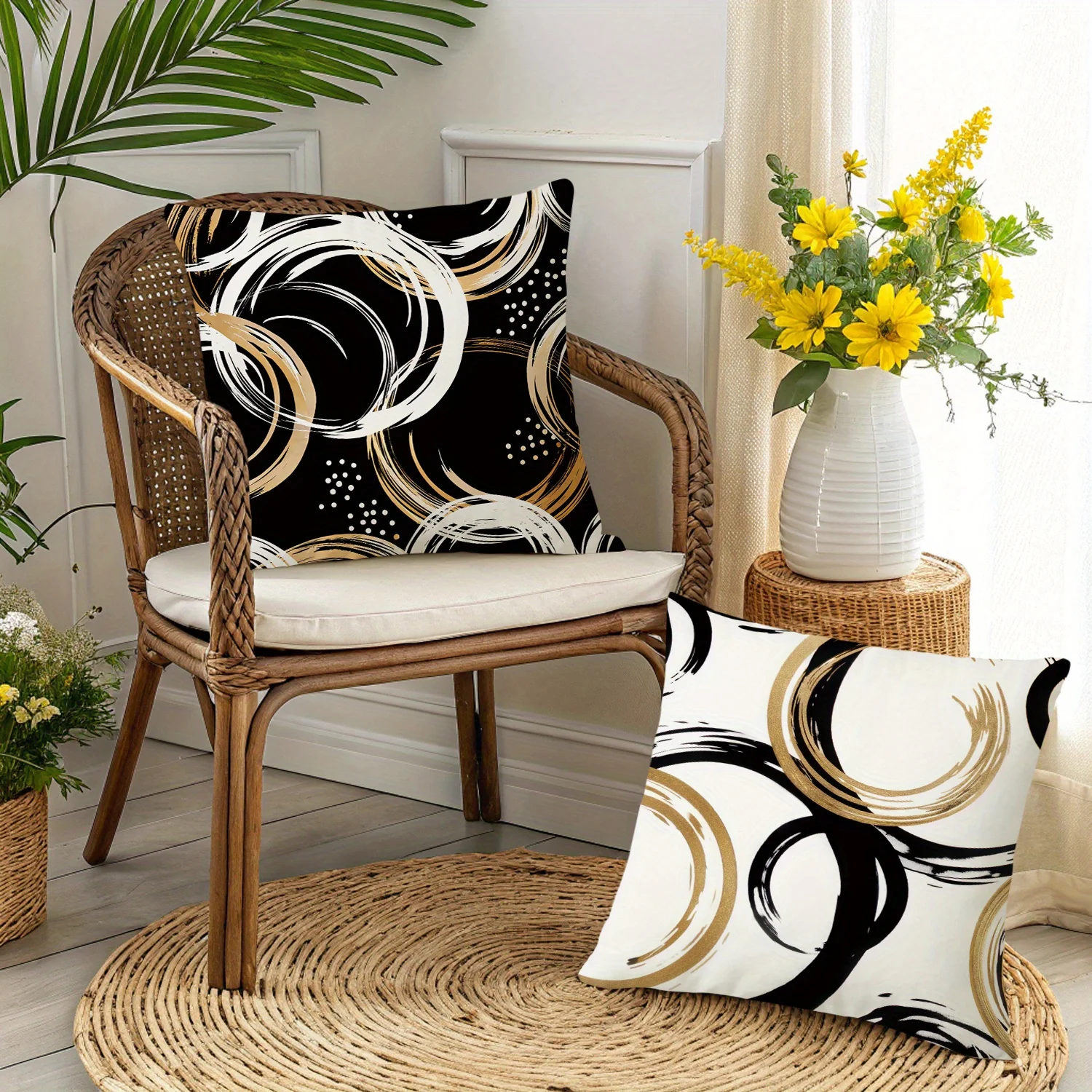 4Pcs Double‑Sided Modern Farmhouse Pillow Covers, Black White Gold Abstract Geometric Print, Zipper Cushion Cases