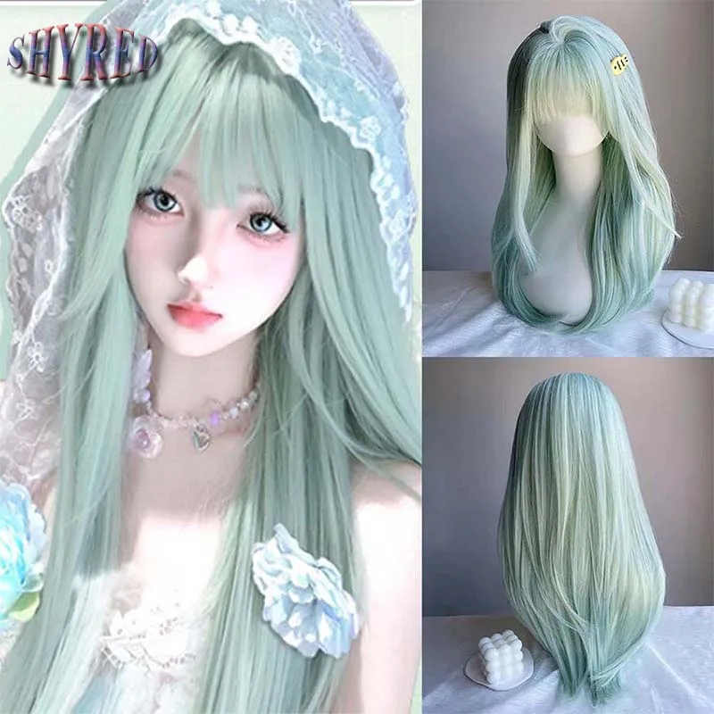 

Synthetic Long Straight Wigs with Bangs Mint Milk Green Cosplay Wig for Women Lolita Wig Heat Resistant Hair