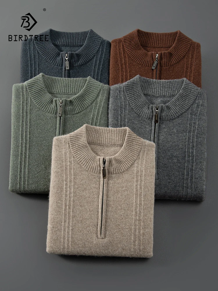 

BirdTree, 35% Cashmere 65% Wool Soft Sweaters, Men Mock Neck Long Sleeve Zipper, Business Retro Sweater, Autumn Winter T47819QC