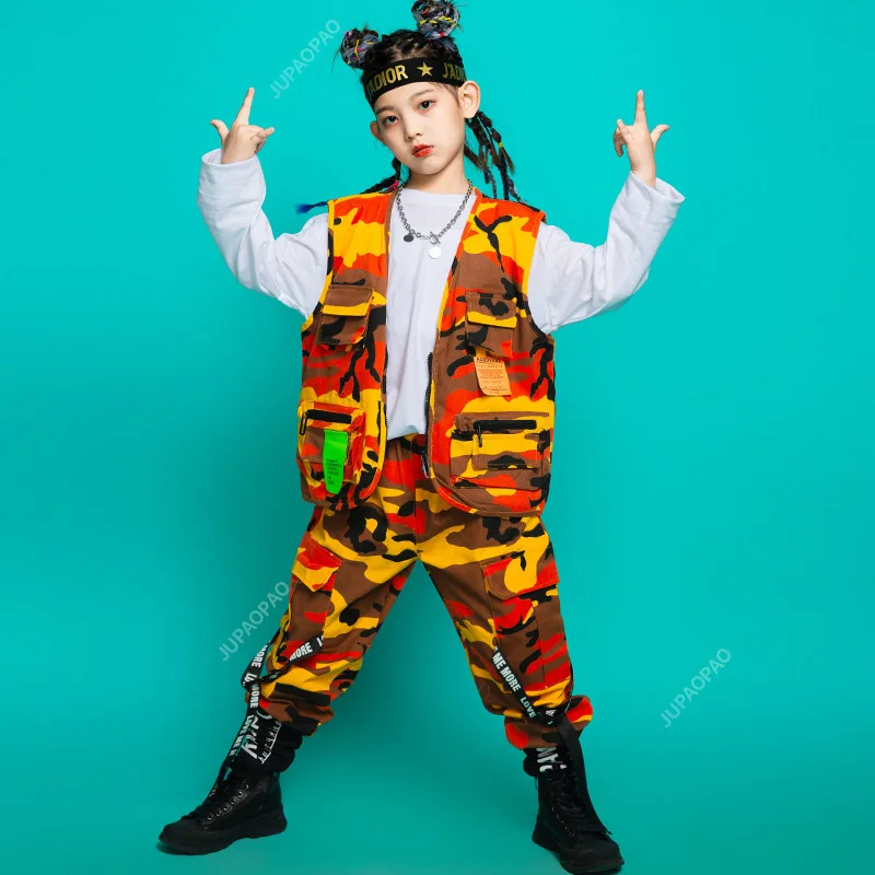 Kids Jazz Hip-Hop Dance Performance Costume Camouflage Sleeves Pants Girls Stage Outfit Rave Modern Street Dance Costume3 Pieces