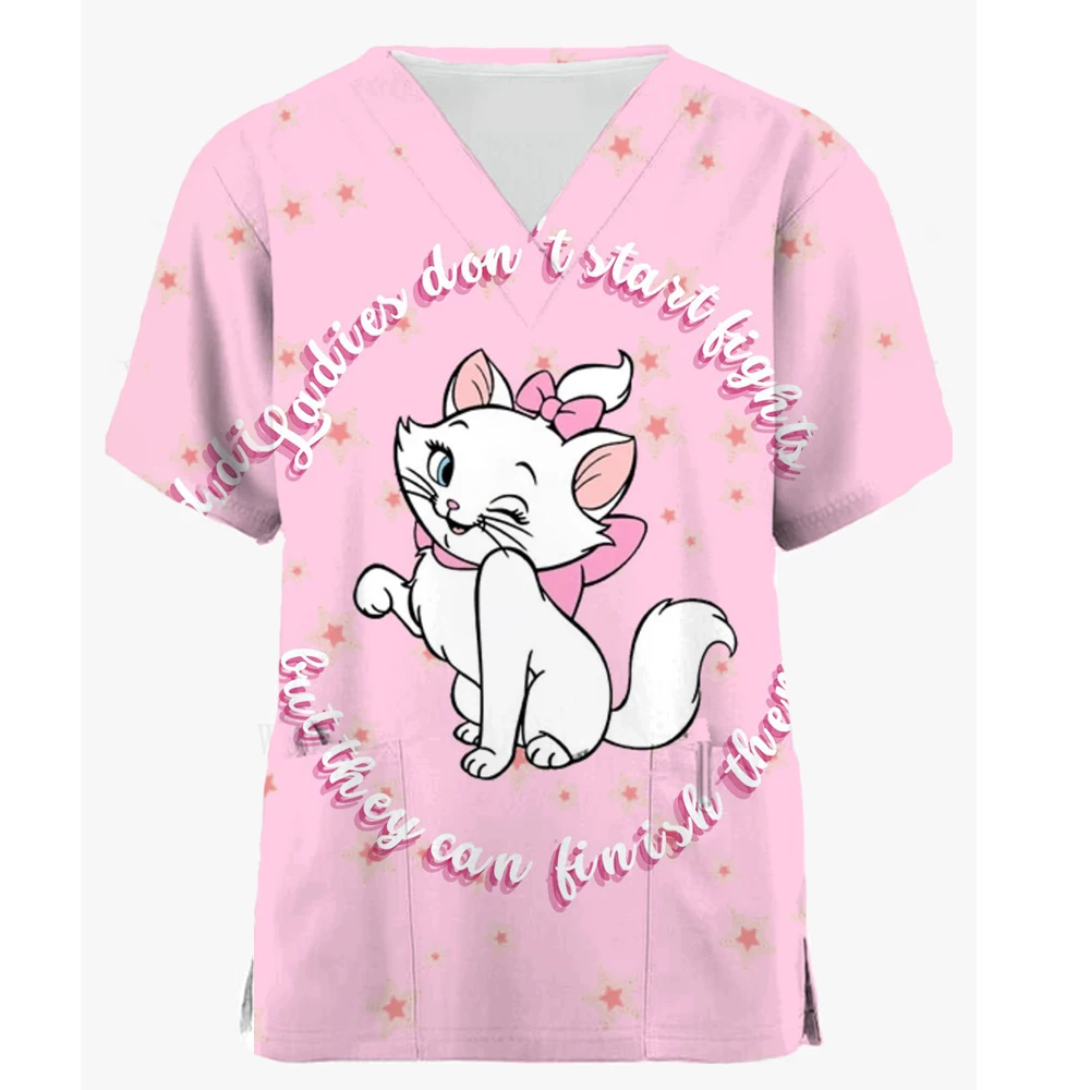 High Quality Disney Marie Cat Print Women's Matte Top V-neck Cartoon Uniform Thin Nurse Top Women Short Sleeves Healthy Tone