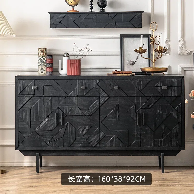 Wabi-sabi wind mueble lateral de comedor de madera maciza, zapatero de vestíbulo de entrada B & B, armario de almacenamiento para sala de estar, lado retro negro