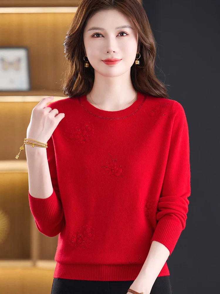 

Pure Wool Knitted Long Sve Embroidered Sweater round Ne Women's Faion Autumn Wear Warm Versatile Color Base irt