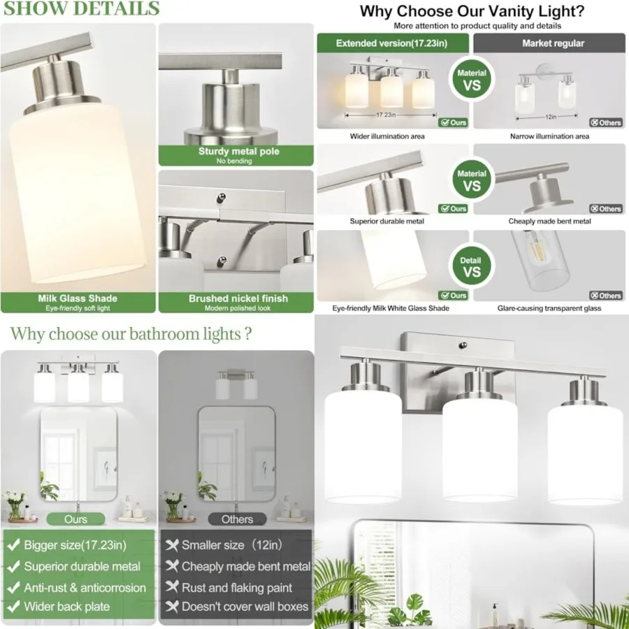 

Bathroom Light Fixtures, Vanity Light with Milky White Shades, Bathroom Lighting Fixtures Over Mirror, Modern Bathroom Wall Lam