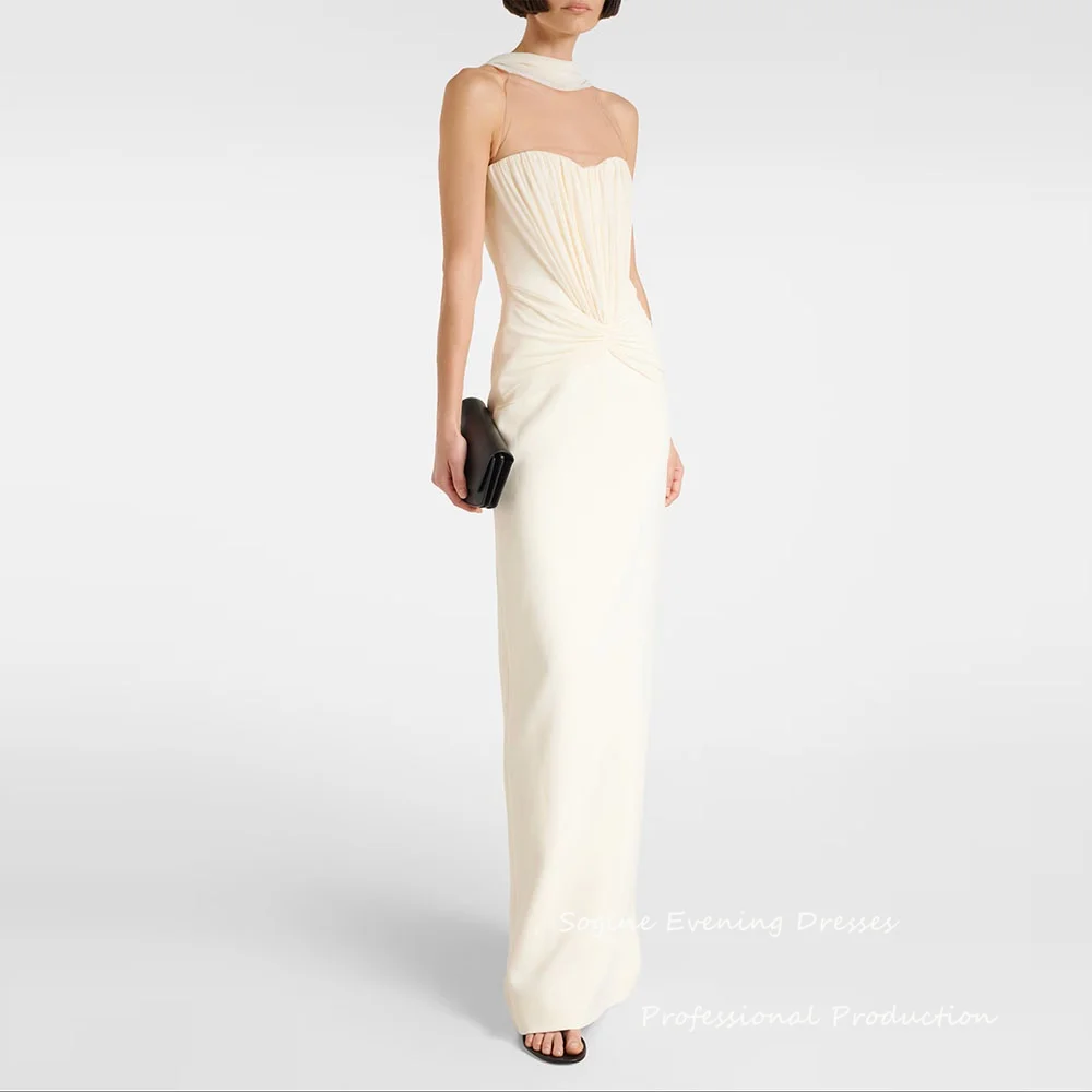 

Customized Ivory Crepe Prom Dresses Bodycon فساتين سهرة Long Evening Party Dress Sleeveless Ruched Summer Party Gowns