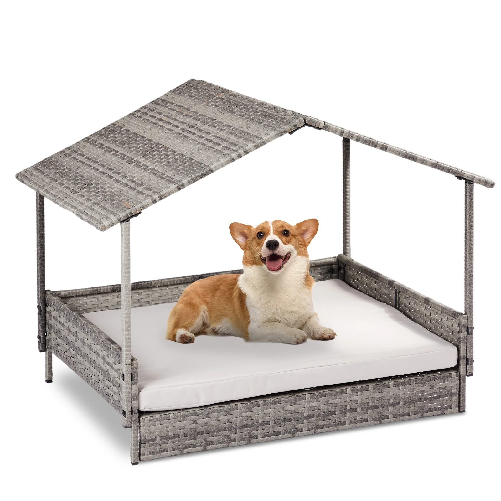 

Wicker Dog House, Elevated Rattan Dog Bed with Canopy and Washable Cushion Cover, Indoor Outdoor Raised Pet House